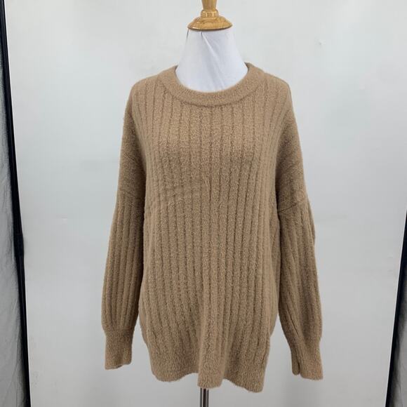 Aerie Sweater Womens S Small Stone Fuzzy Cozy Ribbed Oversized Crewneck Pullover - Picture 2 of 13